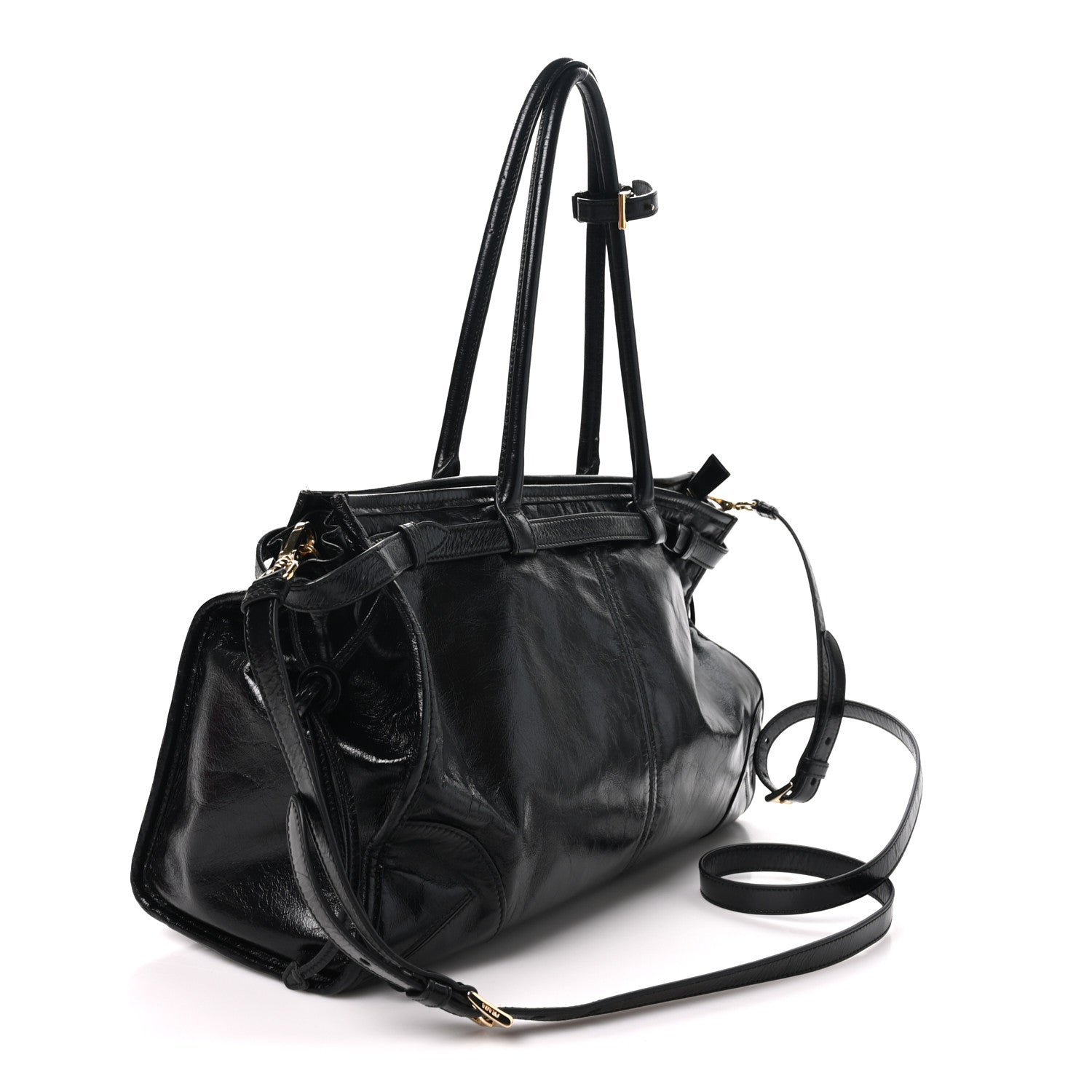 Prada Glossy Calfskin Triangle Large Bonnie Shoulder Bag Black
