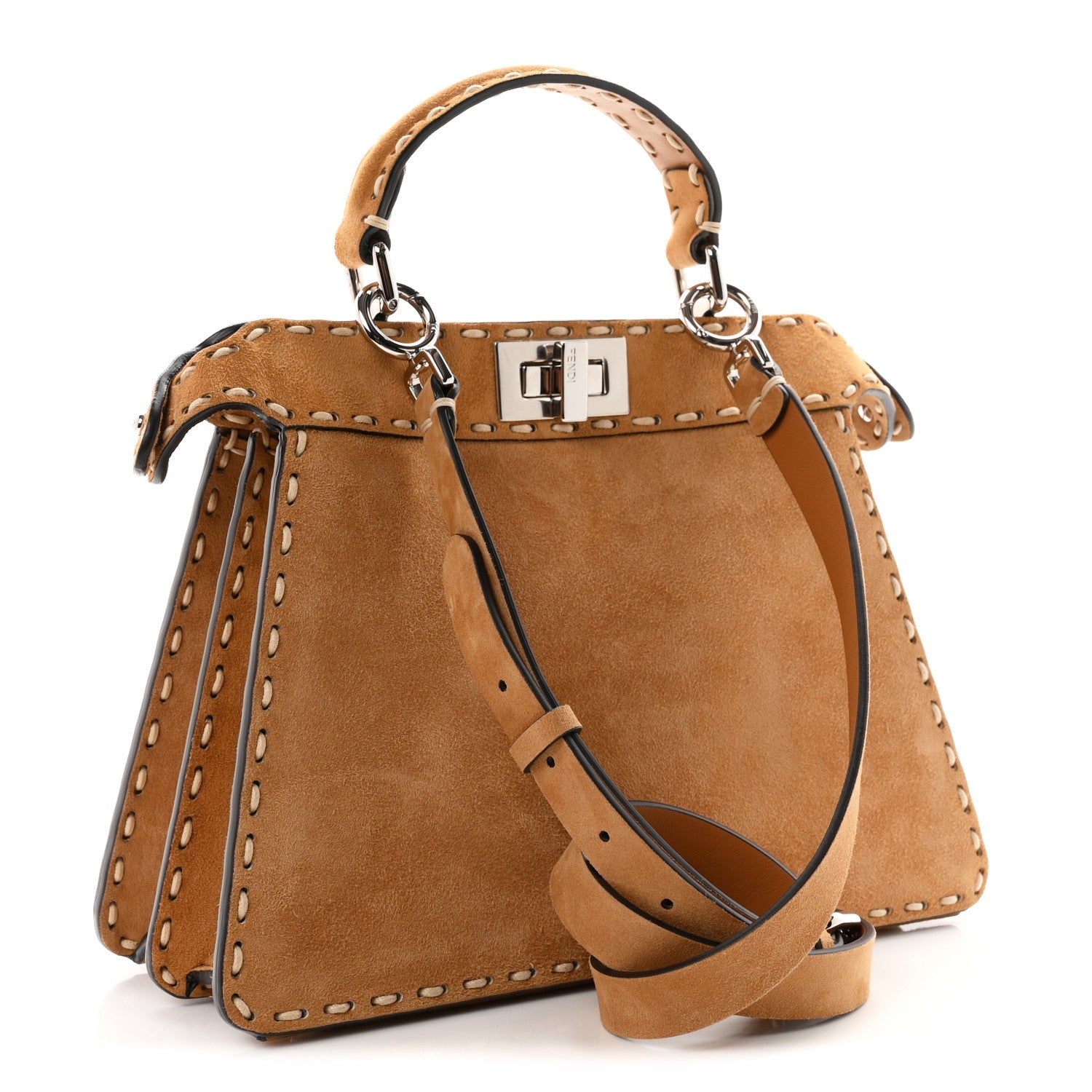 Fendi Suede Macro Stitchings Small Peekaboo Iconic Satchel Marrone