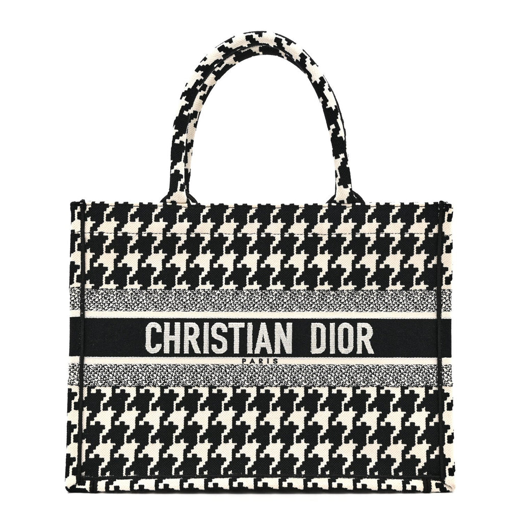 Dior Canvas Houndstooth Embroidered Medium Book Tote Black White
