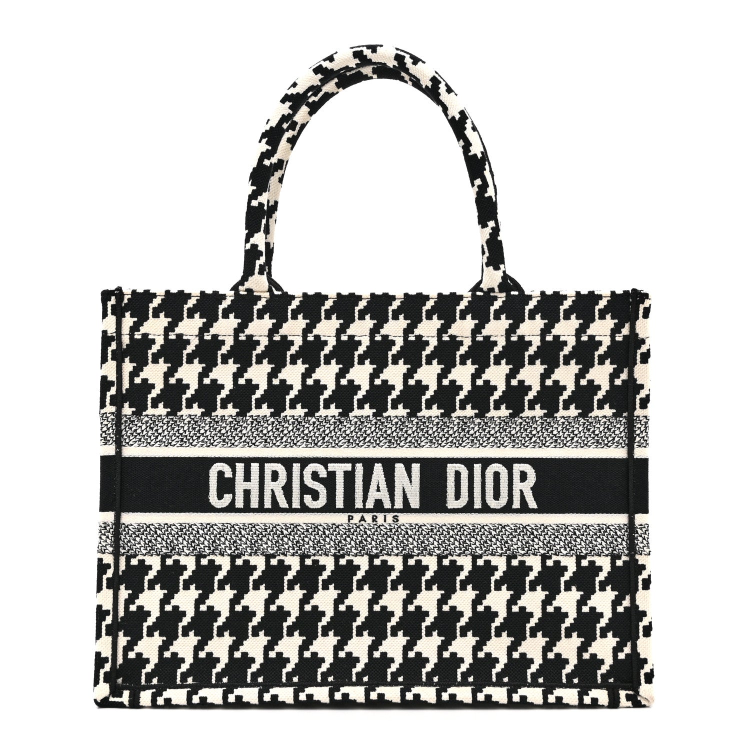 Dior Canvas Houndstooth Embroidered Medium Book Tote Black White