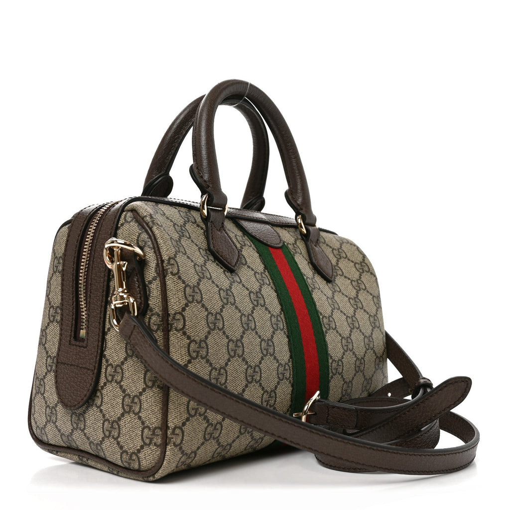 Gucci GG Supreme Monogram Web Medium Ophidia Top Handle Bag Beige Dark Brown