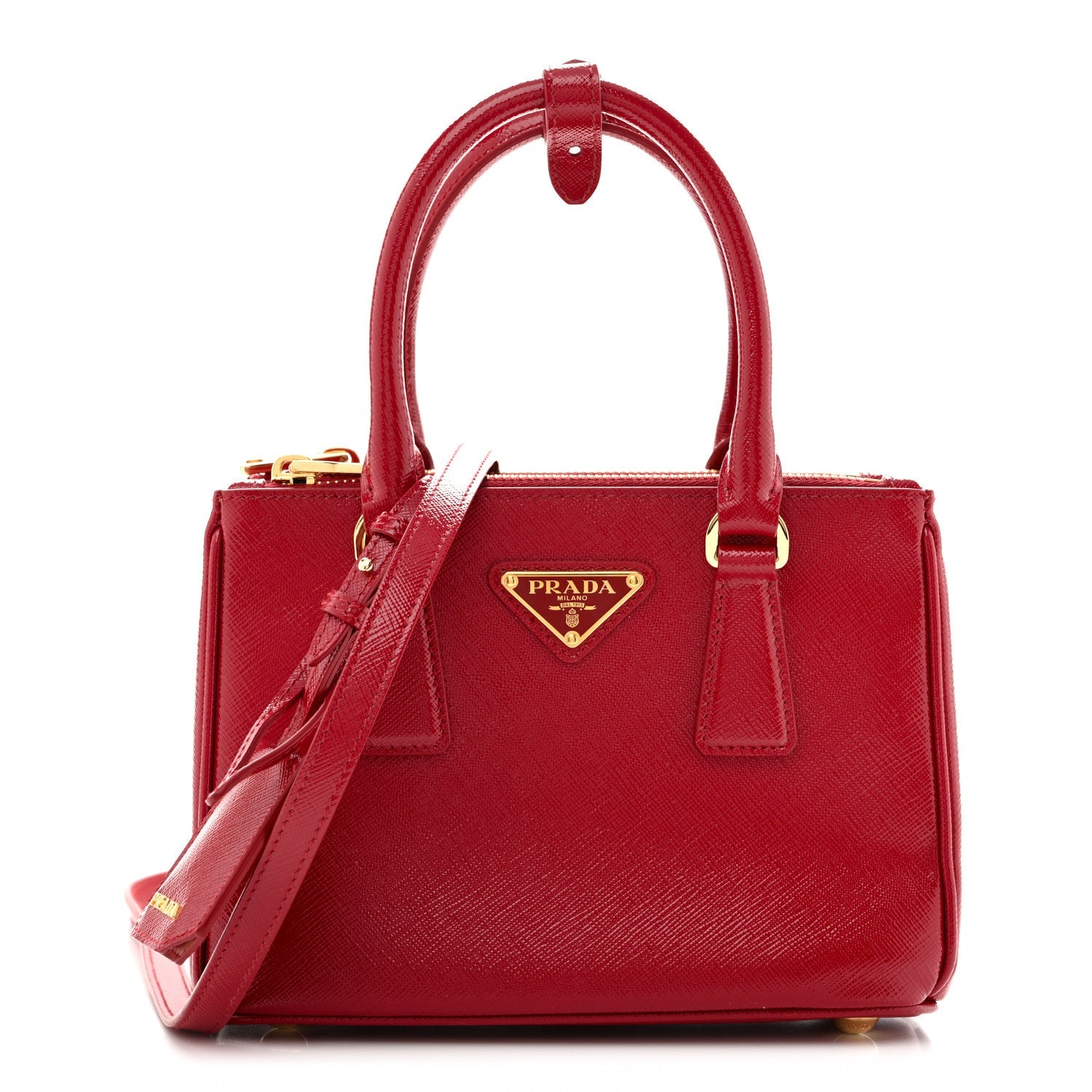 Prada Saffiano Vernice Mini Galleria Double Zip Tote Scarlatto
