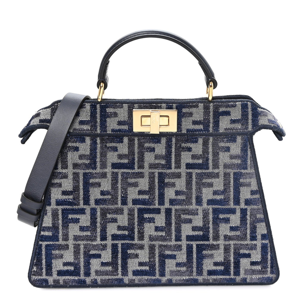 Fendi Chenille Vitello Seta FF Small Peekaboo I SEE U Satchel Grigio Blue Notte