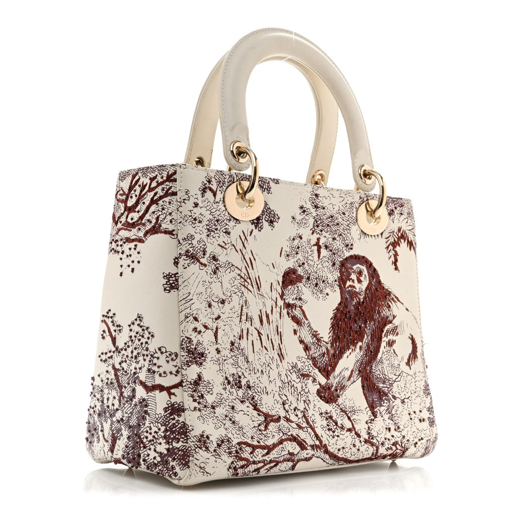 Dior Calfskin Embroidered Medium Toile De Jouy Lady Dior White Red