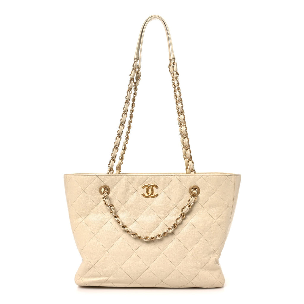 Chanel Caviar Quilted Small Trapezoid Chain Shopping Tote Ivory