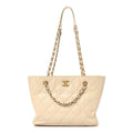 Chanel Caviar Quilted Small Trapezoid Chain Shopping Tote Ivory