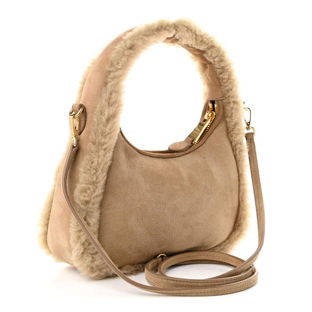 Miu Miu Suede Shearling Mini Wander Hobo Sabbia