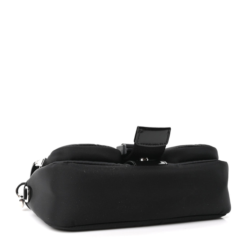 Prada Re-Nylon Spazzolato Double Pocket Buckle Shoulder Bag Black
