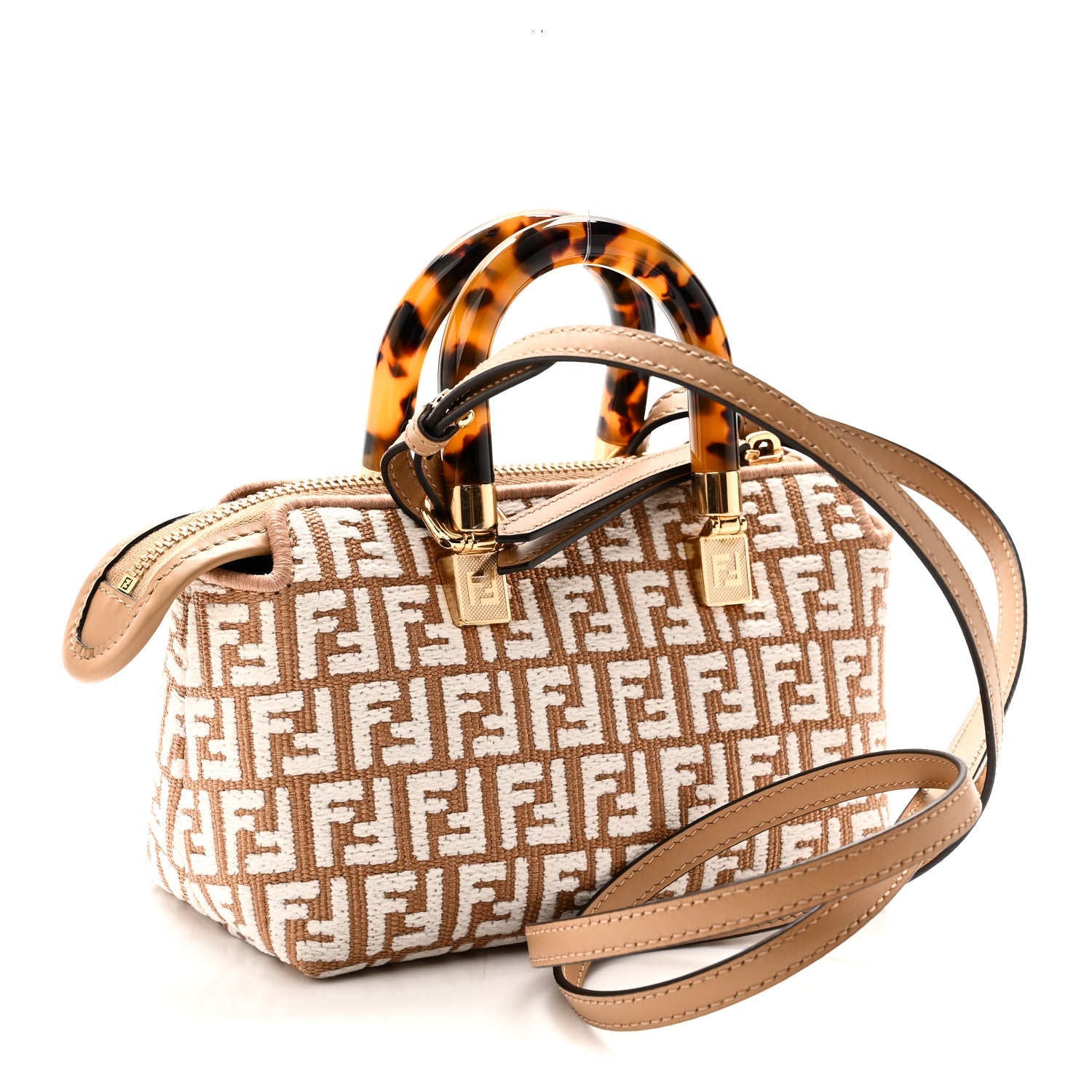 Fendi Raffia Chenille Vitello King Plexiglass Micro FF Mini By The Way Top Handle Boston Bag Naturale White
