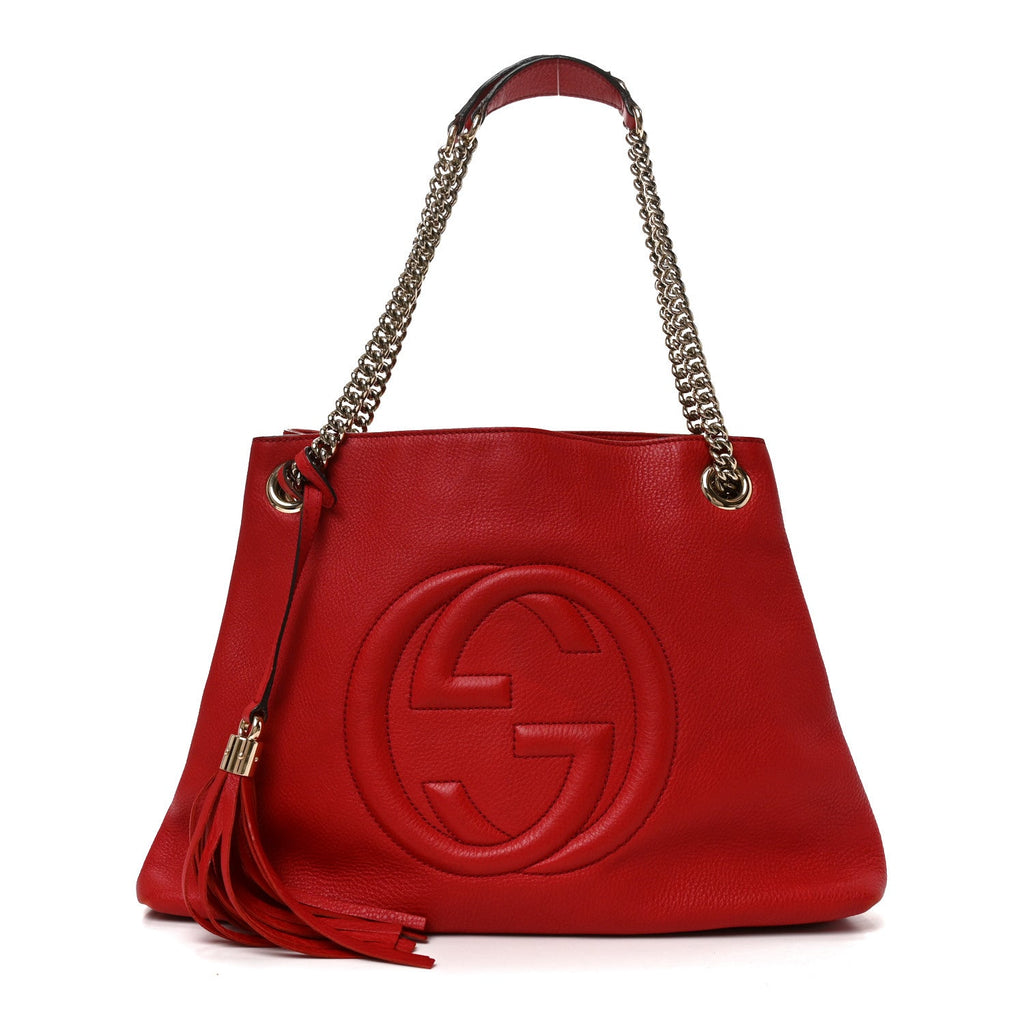Gucci Pebbled Calfskin Medium Soho Chain Shoulder Bag Tabasco Red