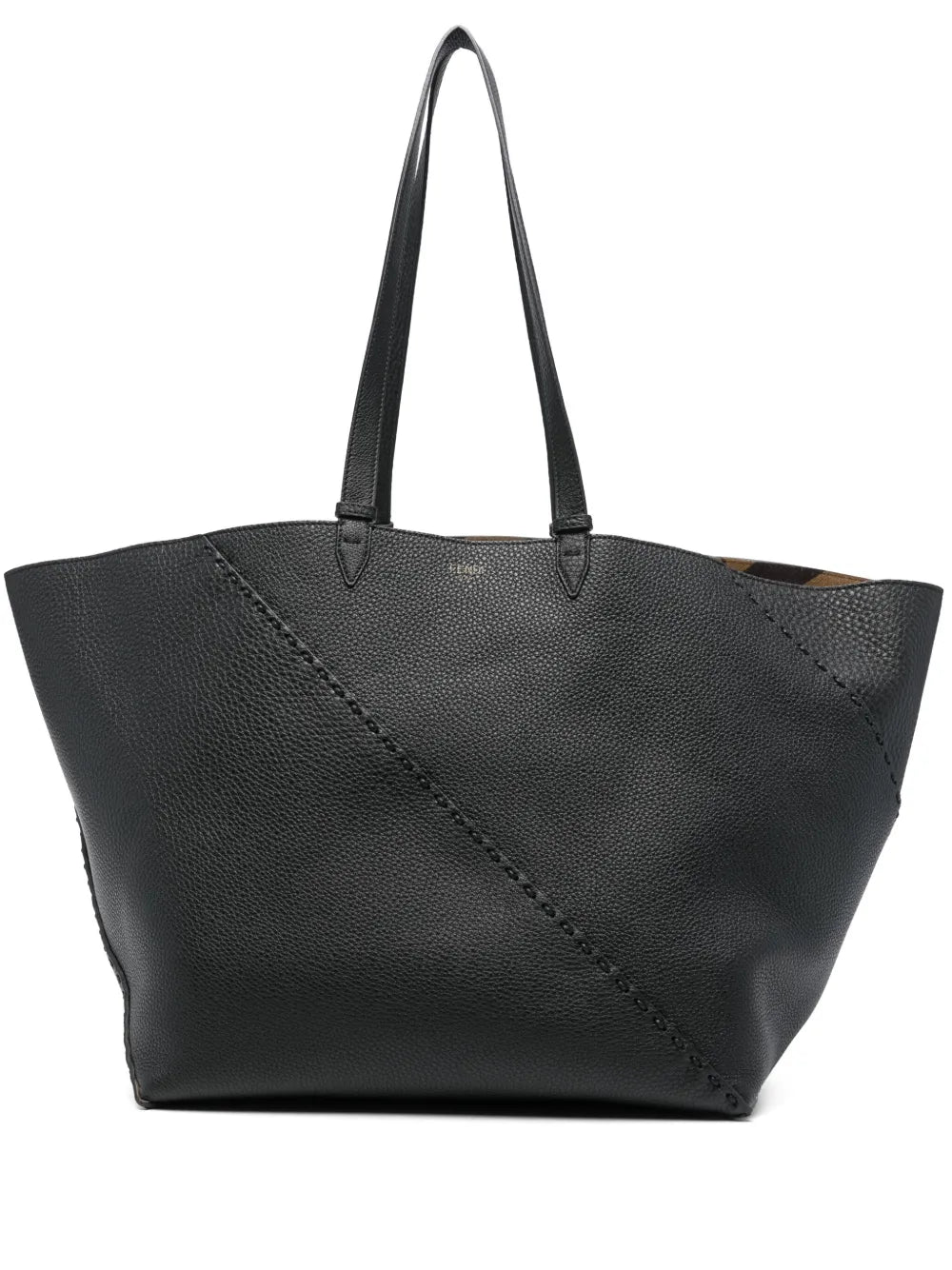 Side view — Fendi Selleria Diagonal Shopping Tote in black grained calfskin with whipstitch detail