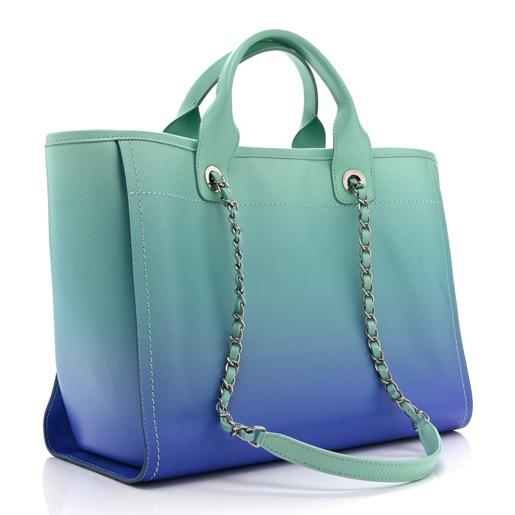 Chanel Shaded Calfskin Medium Deauville Tote Light Green Turquoise Purple