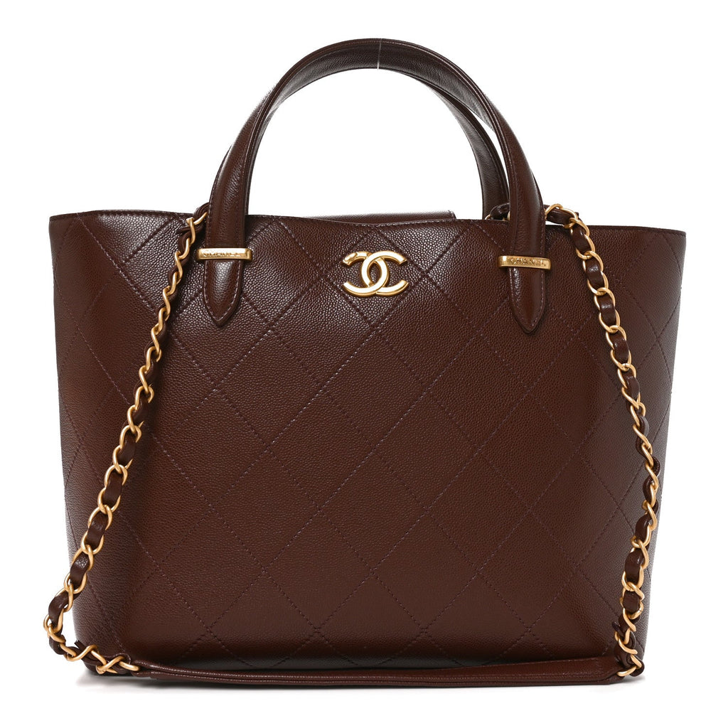 Chanel Grained Calfskin Stitched Small Shopping Tote Dark Brown