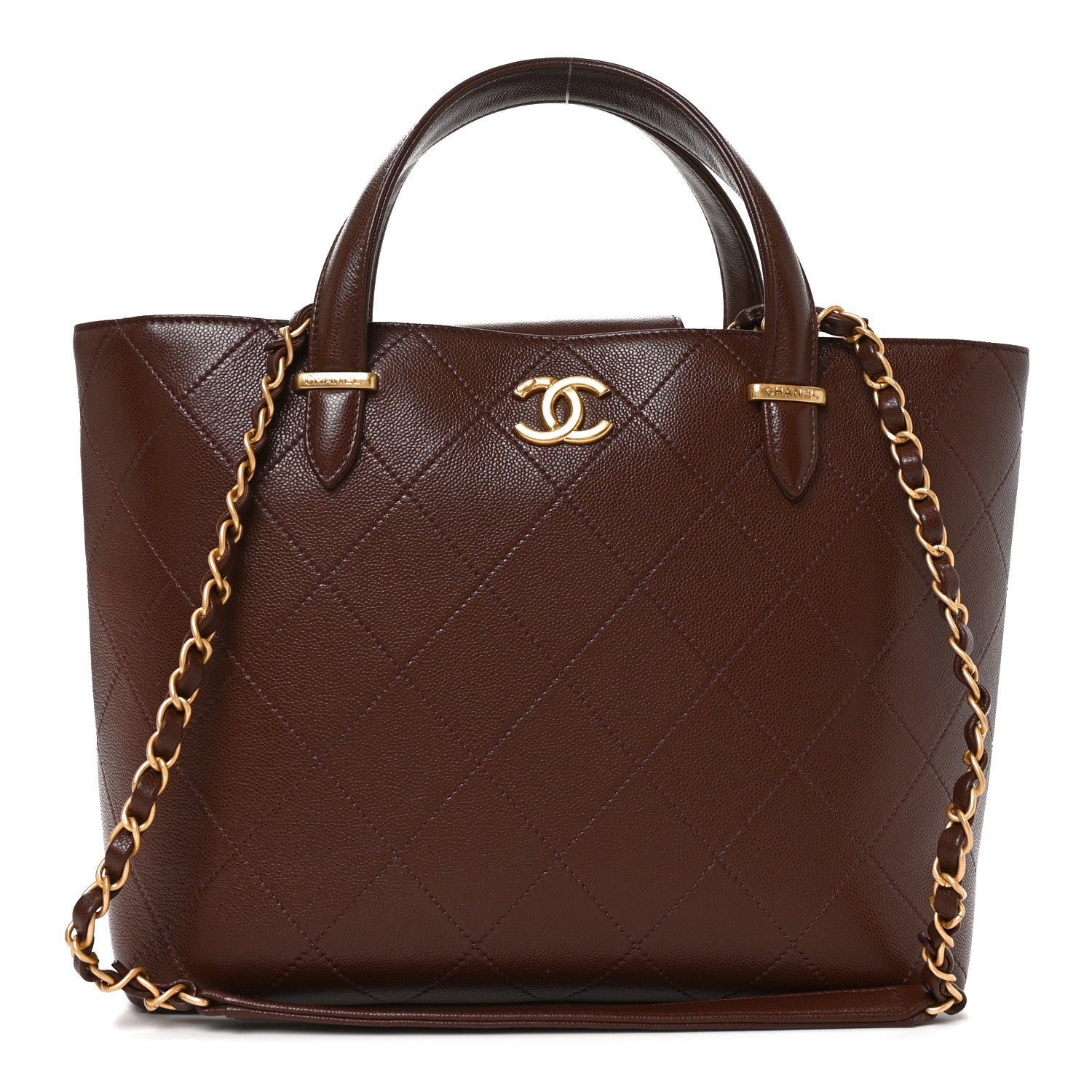 Chanel Grained Calfskin Stitched Small Shopping Tote Dark Brown