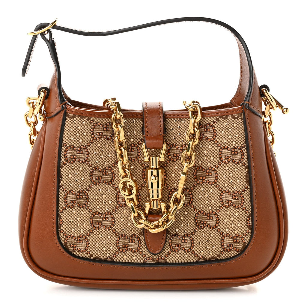Gucci New Canvas Charisma Calfskin Crystal GG Monogram Mini Jackie 1961 Hobo Camel Ebony