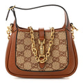 Gucci New Canvas Charisma Calfskin Crystal GG Monogram Mini Jackie 1961 Hobo Camel Ebony