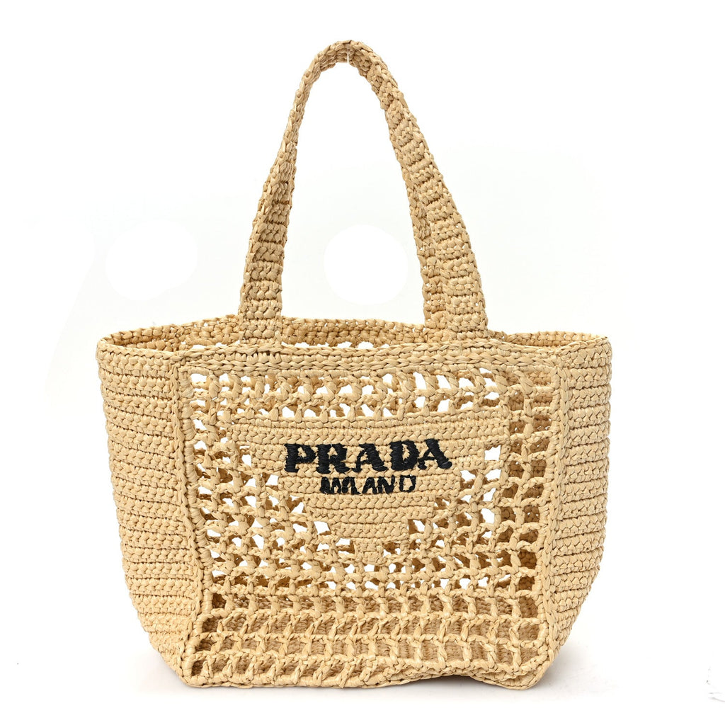 Prada Yarn Raffia Effect Crochet Logo Embroidered Small Tote Bag Naturale