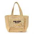 Prada Yarn Raffia Effect Crochet Logo Embroidered Small Tote Bag Naturale