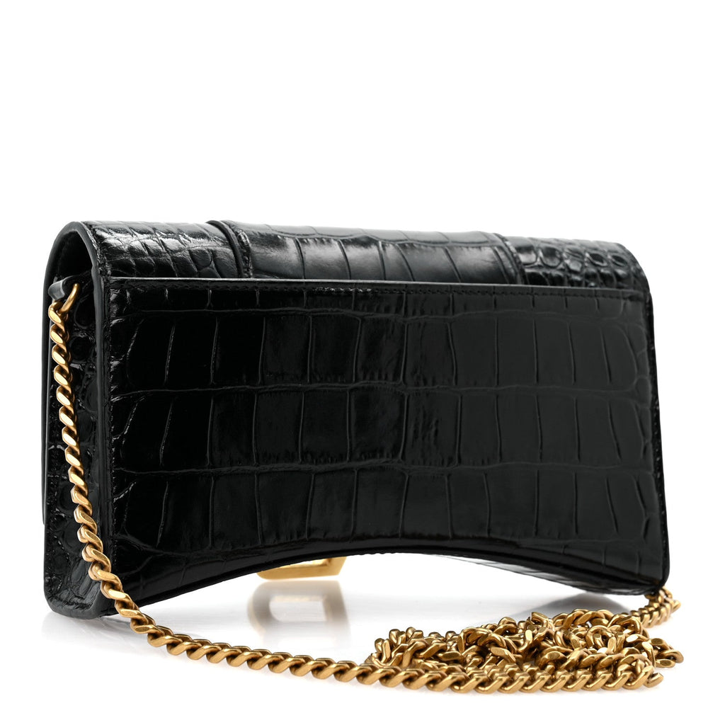 Balenciaga Shiny Calfskin Crocodile Embossed Hourglass Chain Bag Black