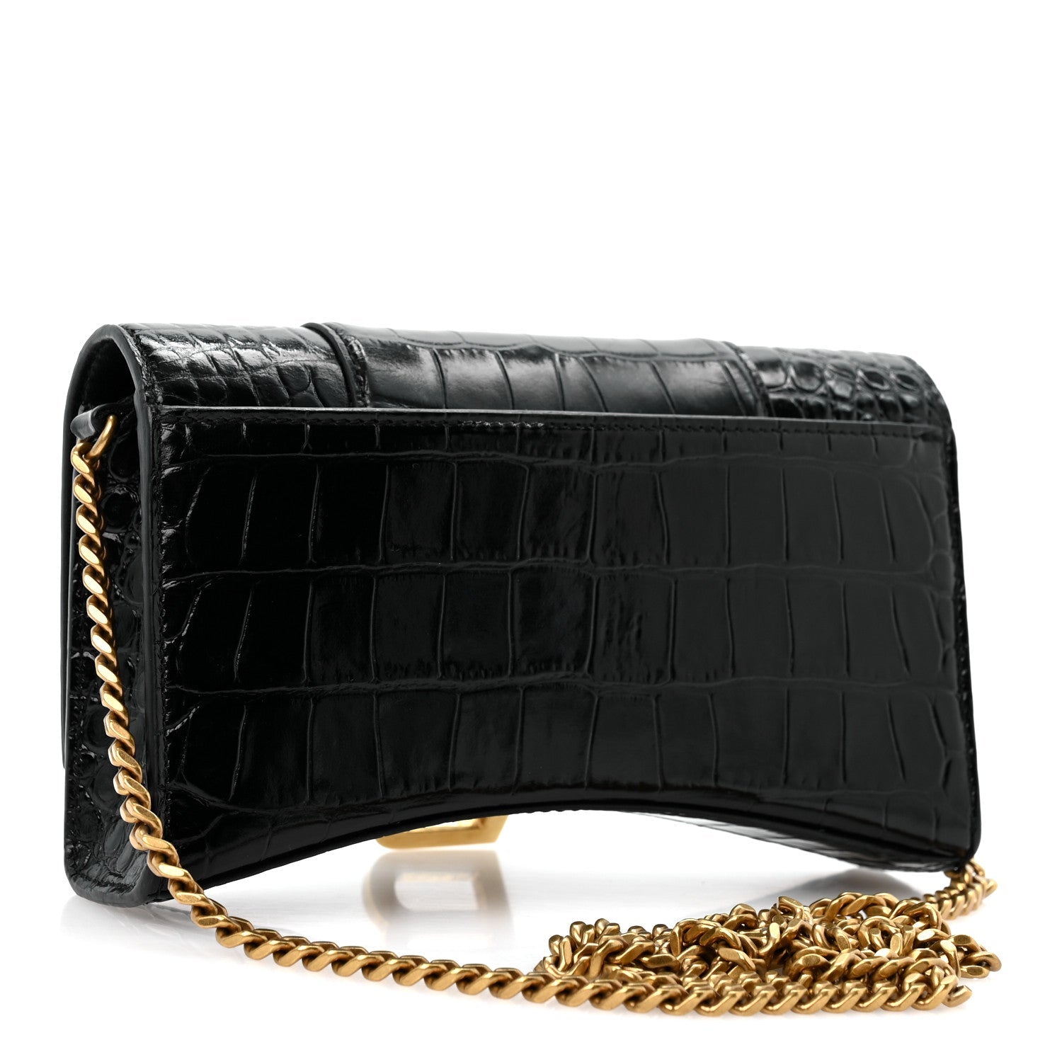 Balenciaga Shiny Calfskin Crocodile Embossed Hourglass Chain Bag Black