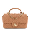 Chanel Lambskin Quilted Mini Top Handle Rectangular Flap Dark Beige