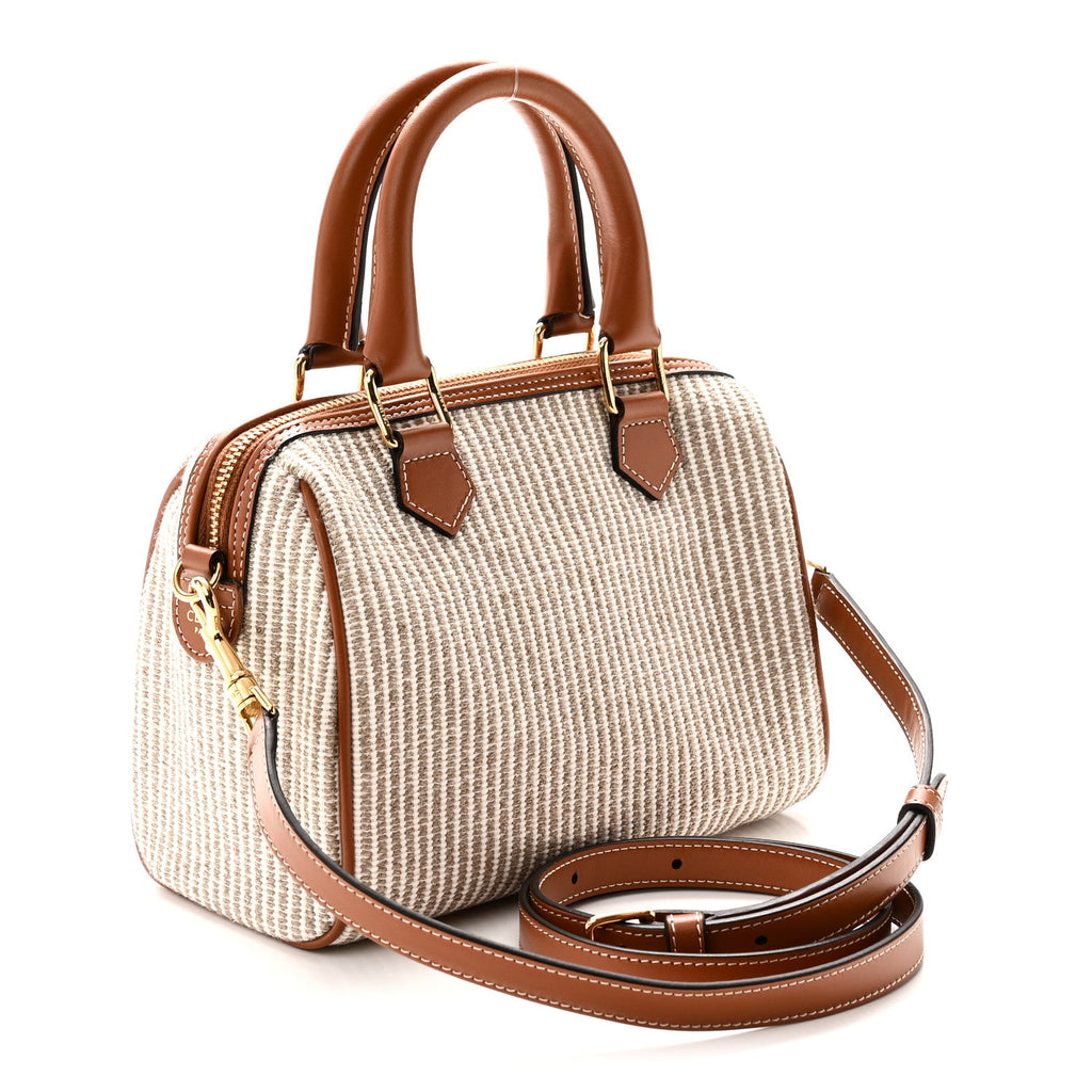 Celine Triomphe Textile Calfskin Striped Small Boston Bag Natural Tan