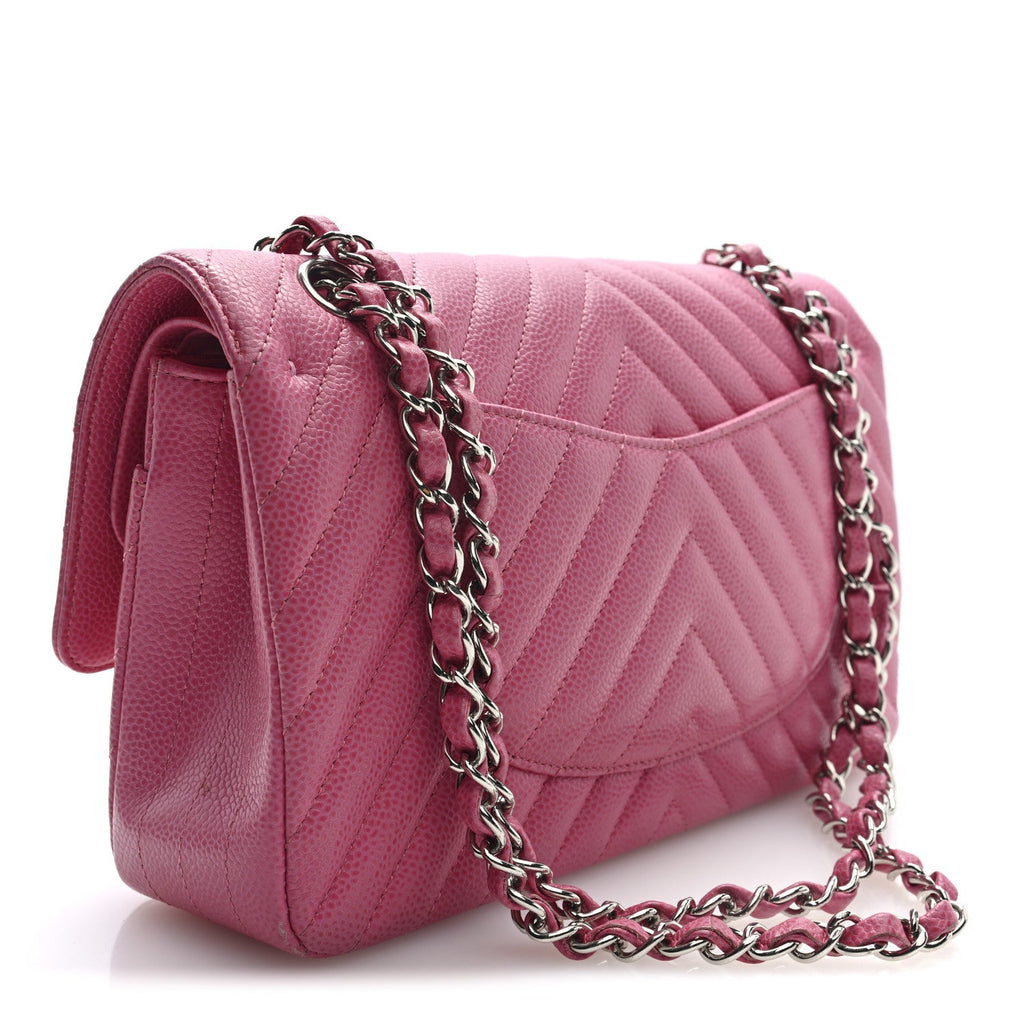 Chanel Caviar Chevron Quilted Medium Double Flap Pink