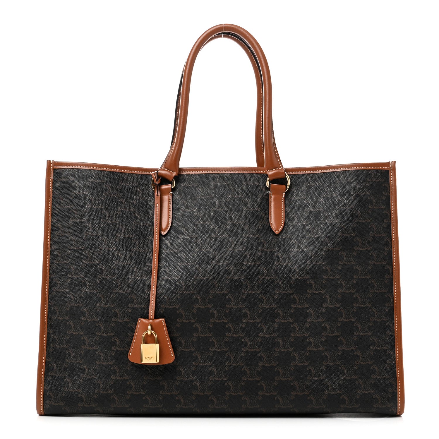Front view — Celine Horizontal Cabas Tote in dark Triomphe canvas with padlock closure and tan leather handles