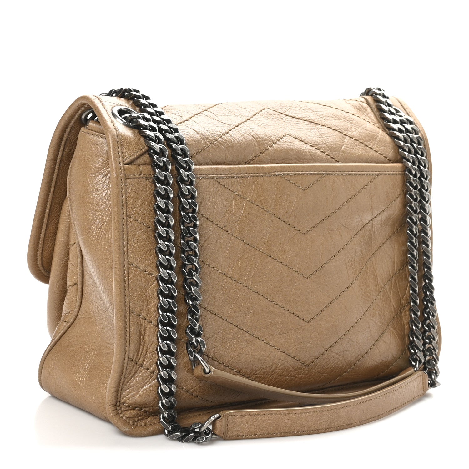 Saint Laurent Crinkled Calfskin Matelasse Monogram Medium Niki Chain Satchel Caramel