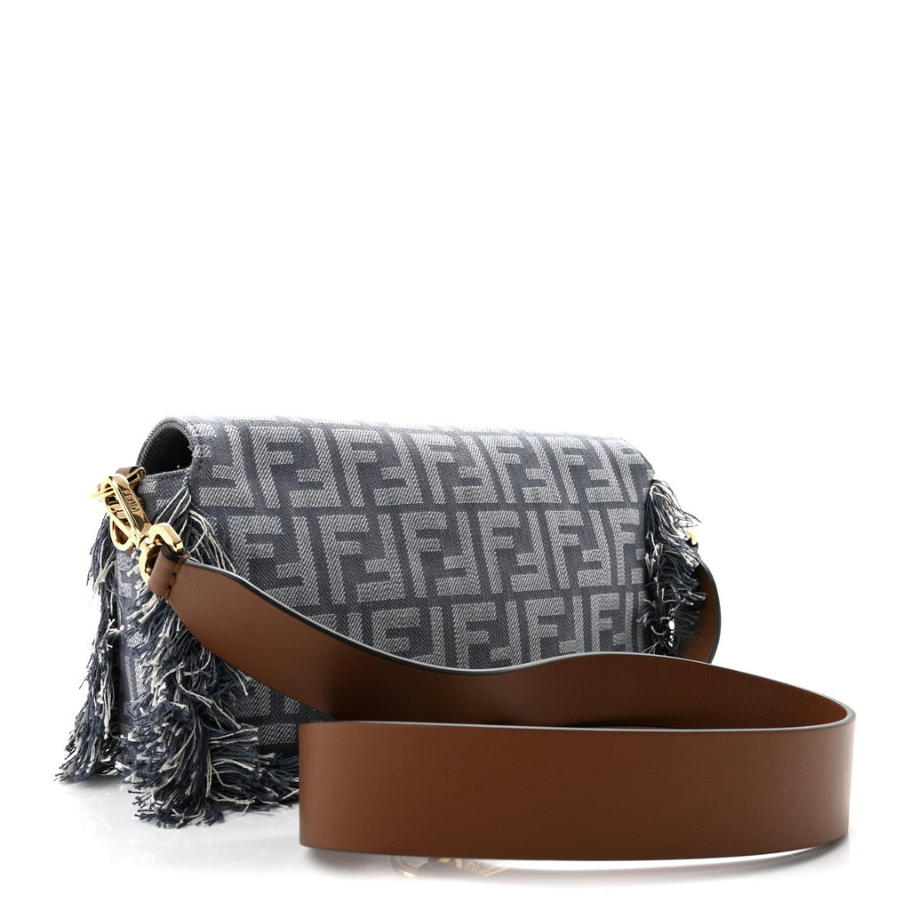 Fendi Denim Vitello King Fringe FF Embroidered Baguette Denim Myrtle Dark Nut