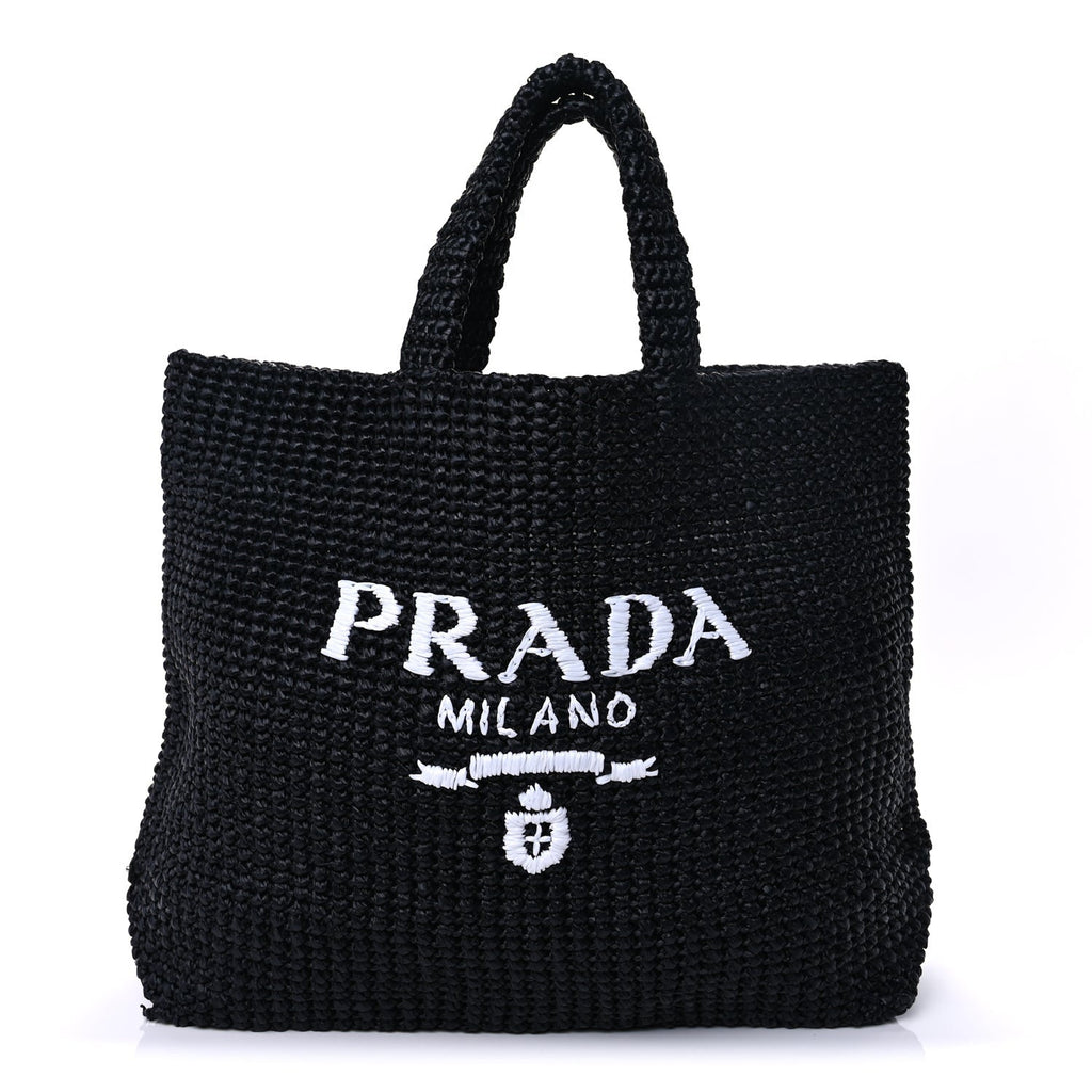 Prada Yarn Raffia Effect Crochet Large Logo Tote Black