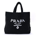 Prada Yarn Raffia Effect Crochet Large Logo Tote Black