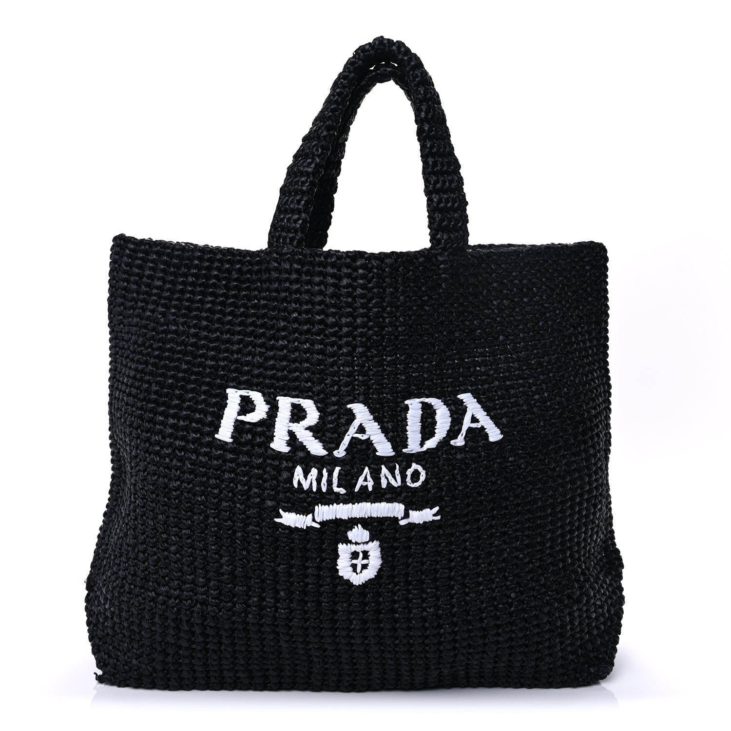 Prada Yarn Raffia Effect Crochet Large Logo Tote Black