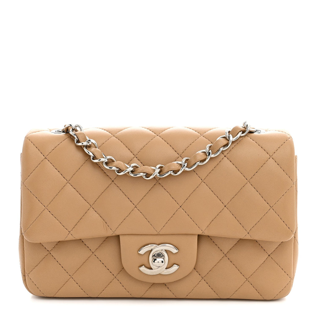 Chanel Lambskin Quilted Mini Rectangular Flap Dark Beige