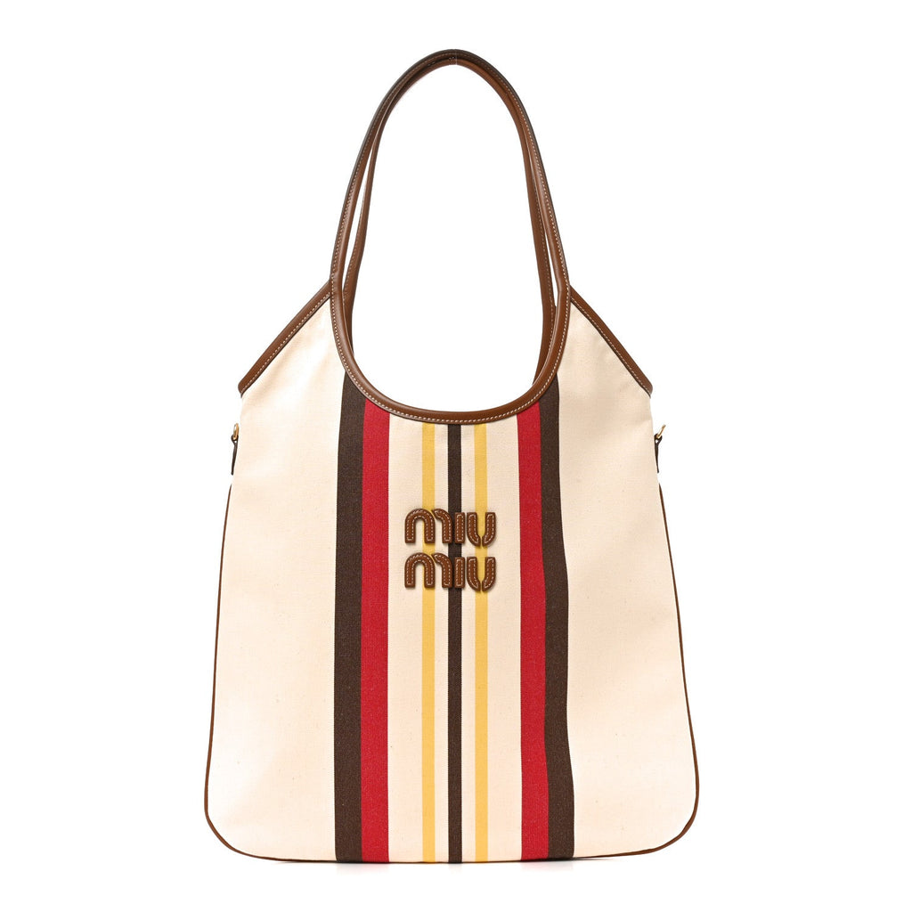 Miu Miu Canvas Calfskin Striped Ivy Beige Naturale Moro