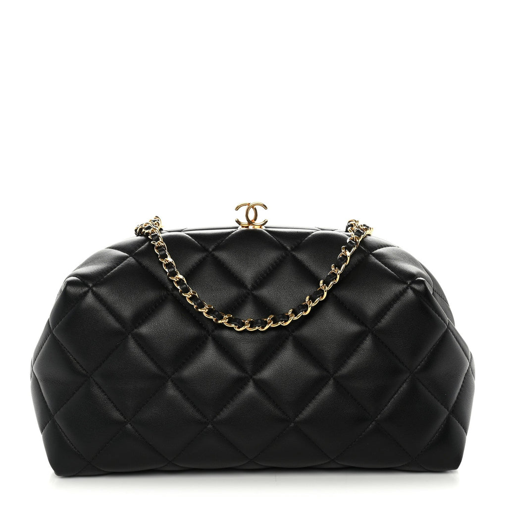 Chanel Lambskin Quilted Clutch With Chain Black
