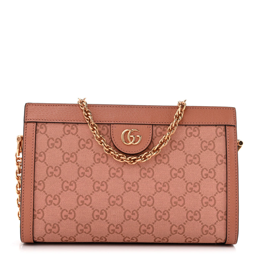 Gucci Monogram Textured Dollar Calfskin Small Ophidia Chain Shoulder Bag Cloche Rose Pink