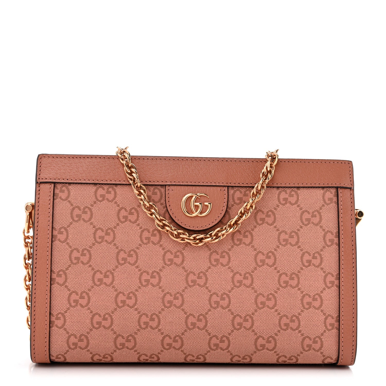 Gucci Monogram Textured Dollar Calfskin Small Ophidia Chain Shoulder Bag Cloche Rose Pink
