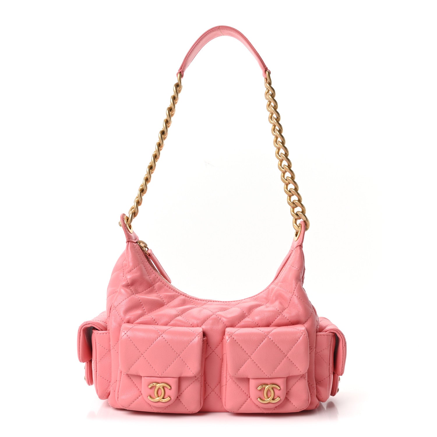 Chanel Shiny Lambskin Quilted Trendy Pockets Hobo Coral Pink