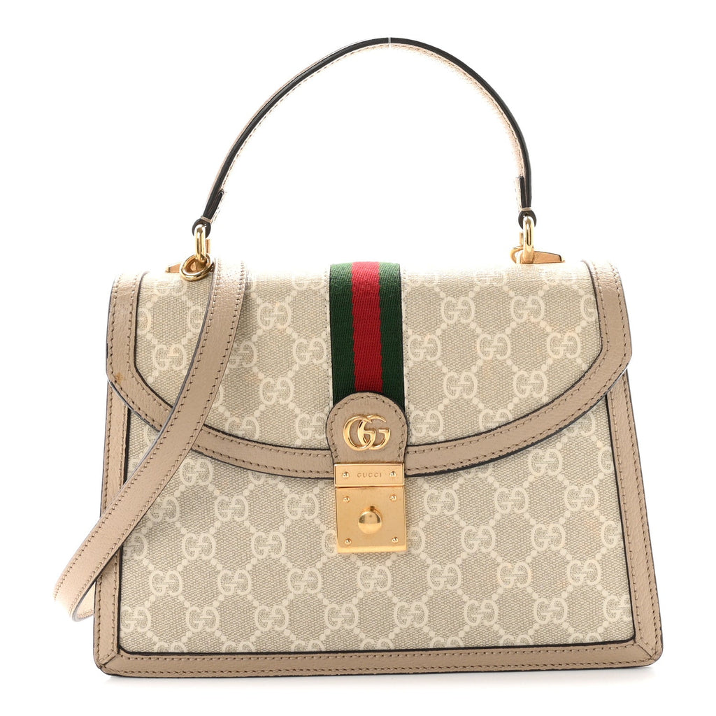 Gucci GG Supreme Monogram Textured Dollar Calfskin Web Small Ophidia Padlock Top Handle Bag Beige Mystic White Oatmeal