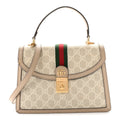 Gucci GG Supreme Monogram Textured Dollar Calfskin Web Small Ophidia Padlock Top Handle Bag Beige Mystic White Oatmeal