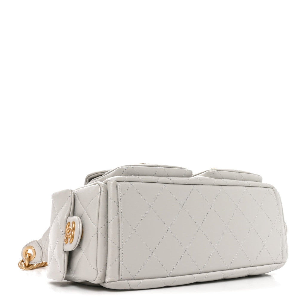 Chanel Shiny Lambskin Quilted Large Trendy Pockets Hobo Light Grey