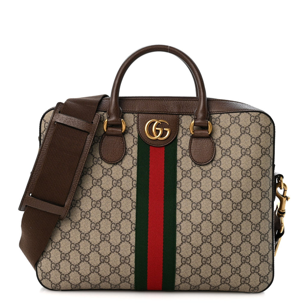 Gucci GG Supreme Monogram Textured Calfskin Web Medium Ophidia Briefcase Beige Ebony New Acero