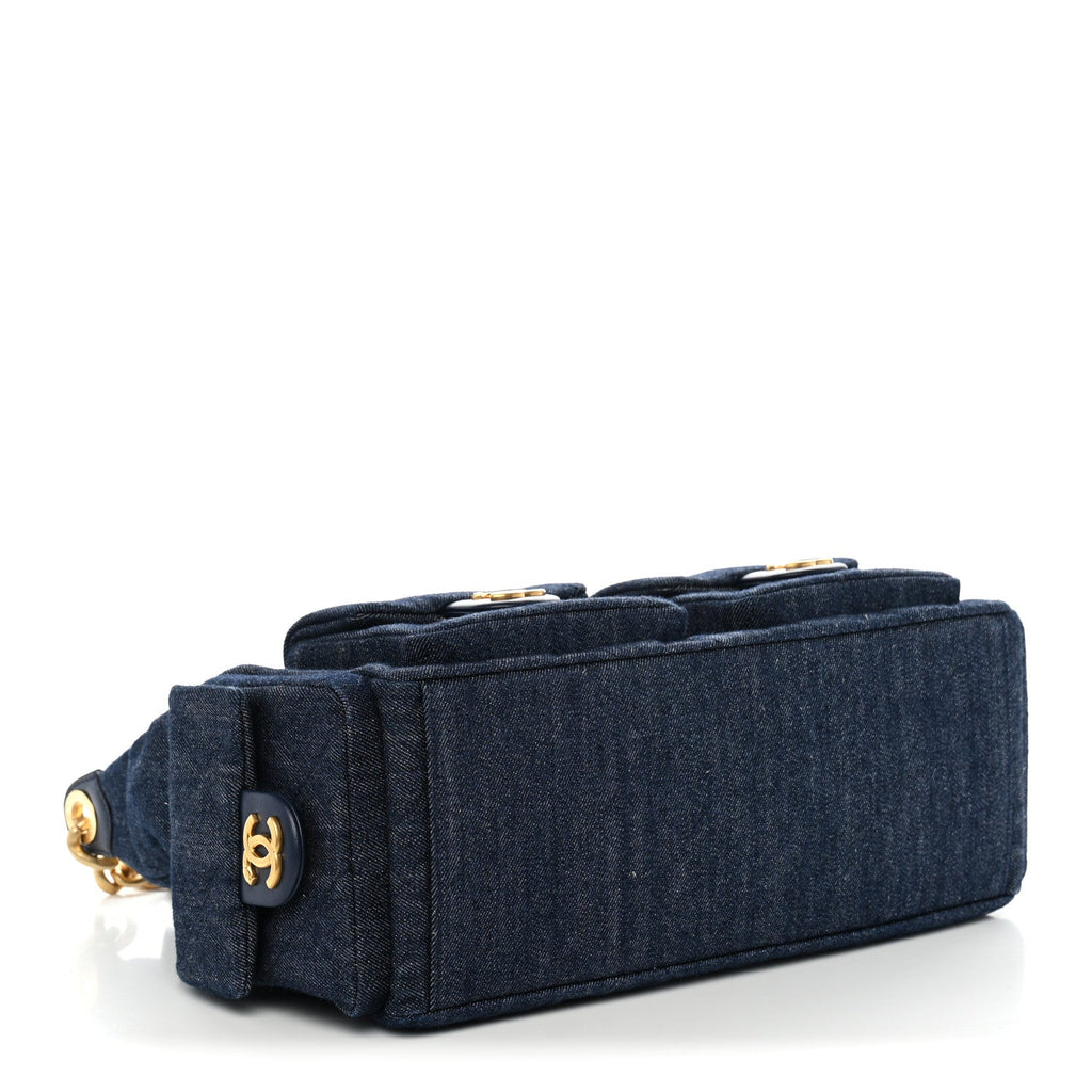 Chanel Washed Denim Quilted Maxi Trendy Pockets Hobo Dark Blue