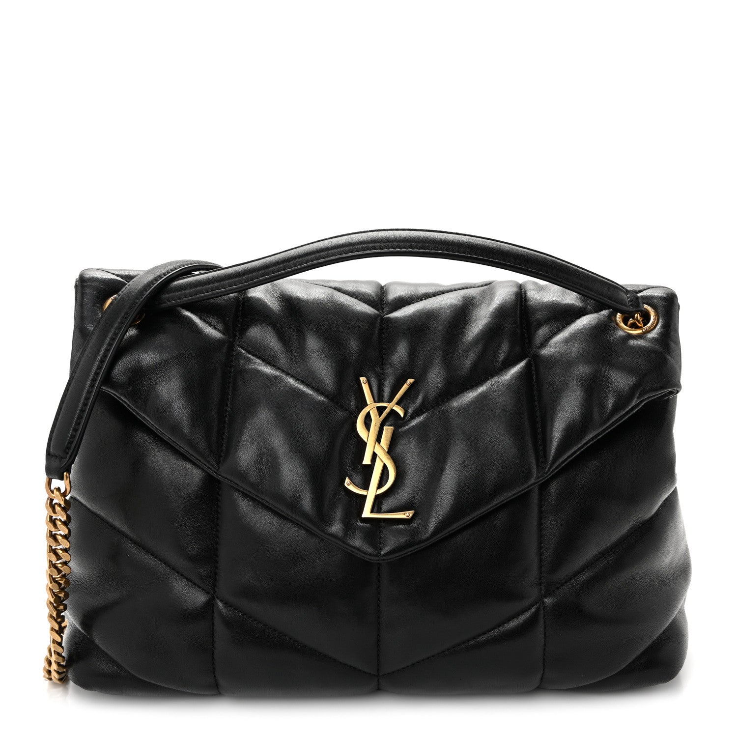 Saint Laurent Lambskin Quilted Medium Loulou Puffer Monogram Chain Satchel Black