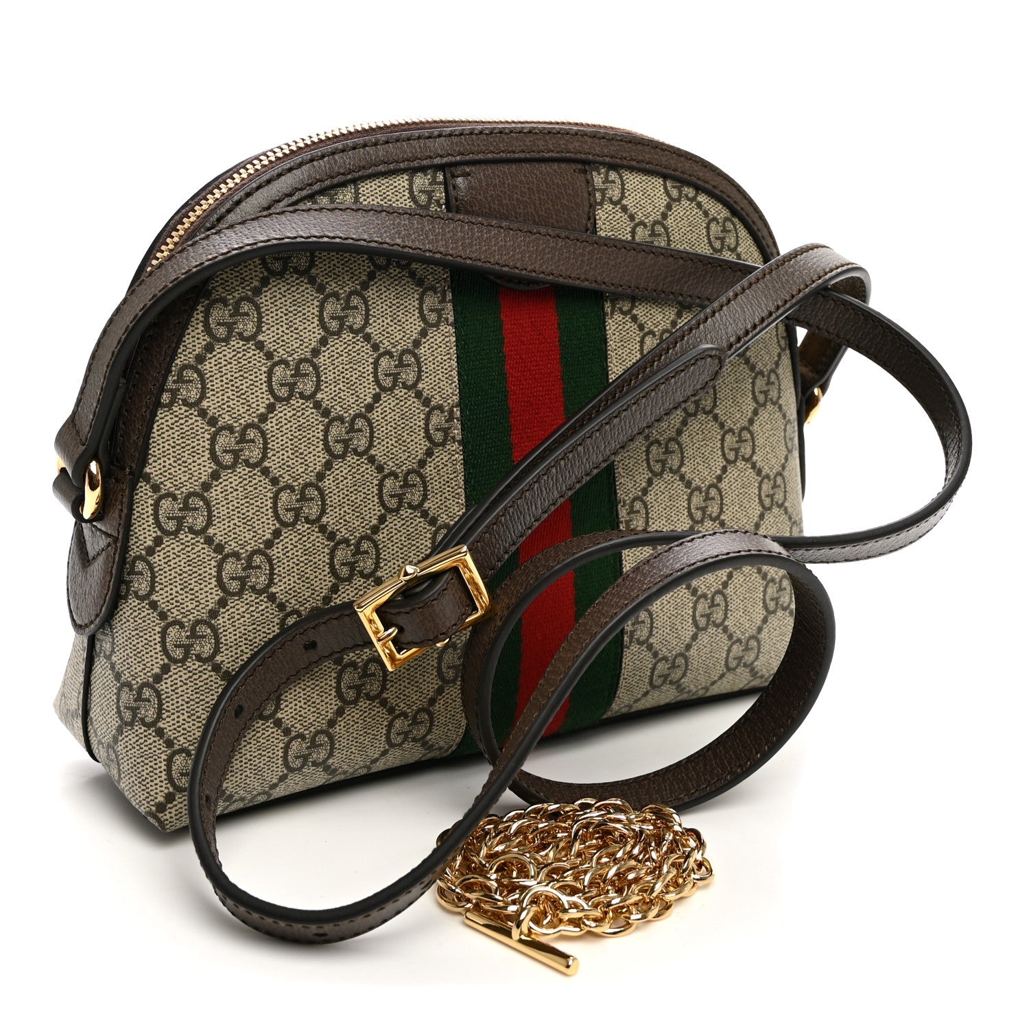 Gucci GG Supreme Monogram Textured Dollar Calfskin Web Small Ophidia Dome Shoulder Bag Beige Ebony New Acero