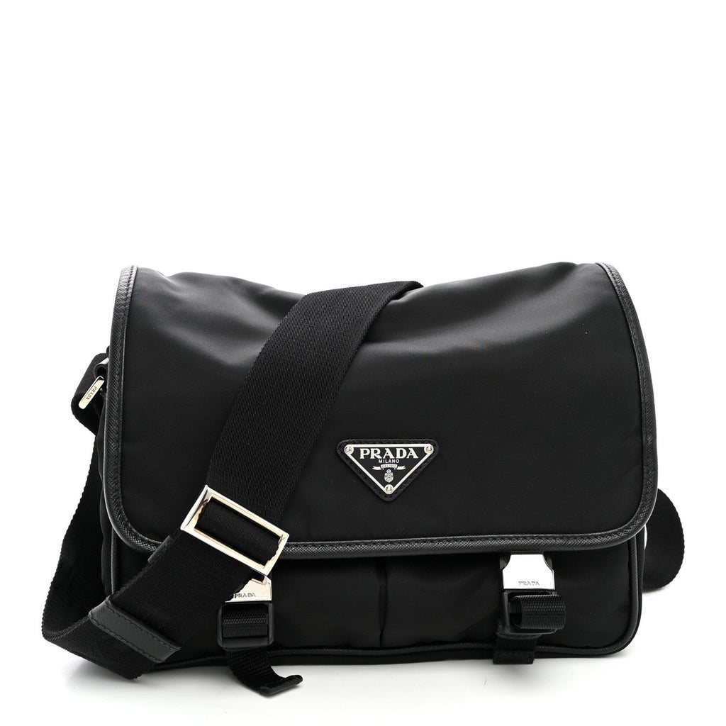 Prada Tessuto Nylon Saffiano Double Snap Buckle Messenger Bag Black