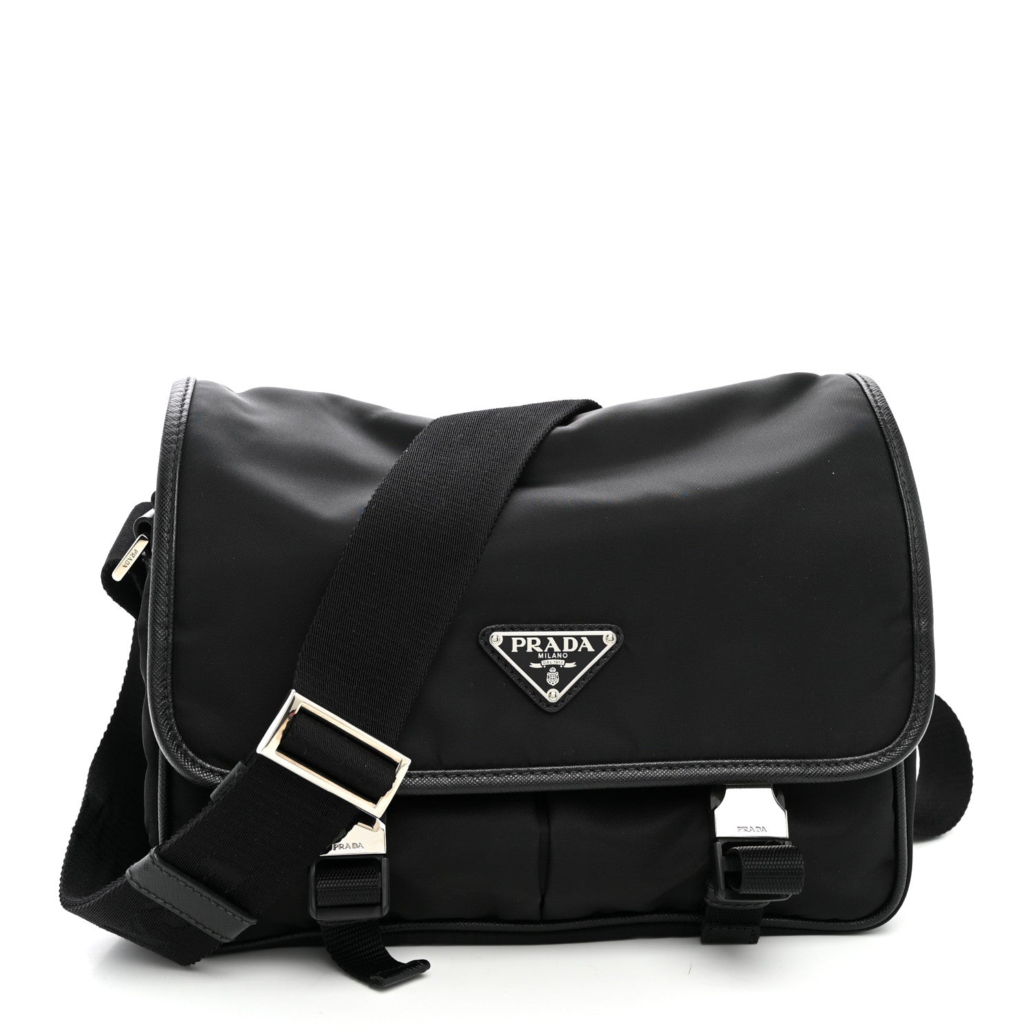 Prada Tessuto Nylon Saffiano Double Snap Buckle Messenger Bag Black