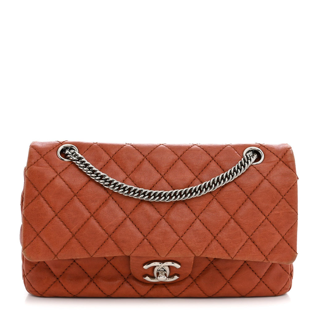 Chanel Glazed Lambskin Quilted Medium Double Flap Bijoux Chain Dark Orange