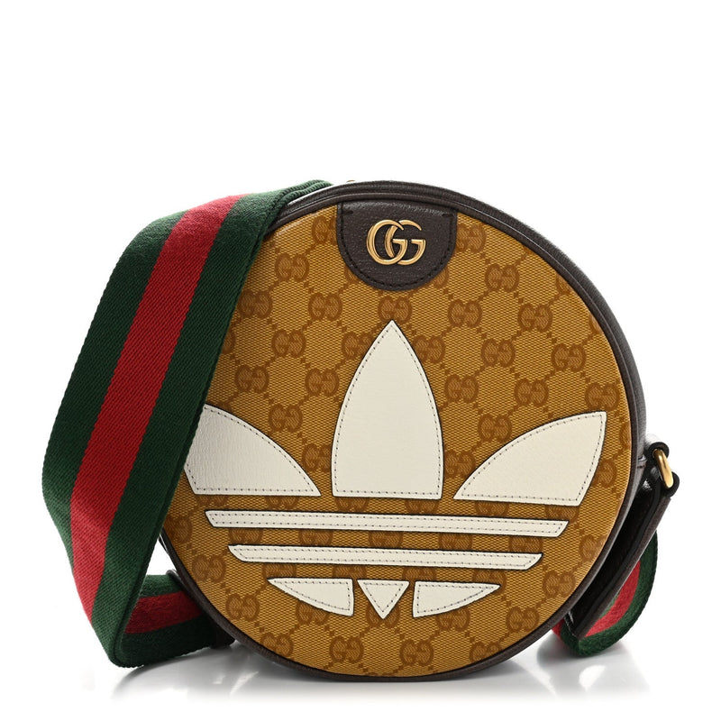 Gucci X ADIDAS Crystal Vintage Monogram Textured Dollar Calfskin Web Trefoil Small Ophidia Round Shoulder Bag Mid Natural Nut Off White New Acero